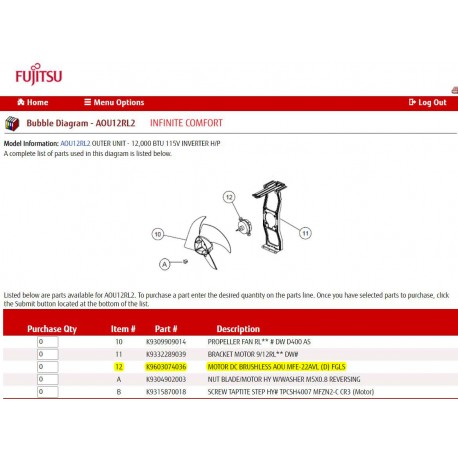 FUJITSU K9603074036 aka 9603074036 MOTOR DC BRUSHLESS AOU MFE-22AVL (D) FGLS