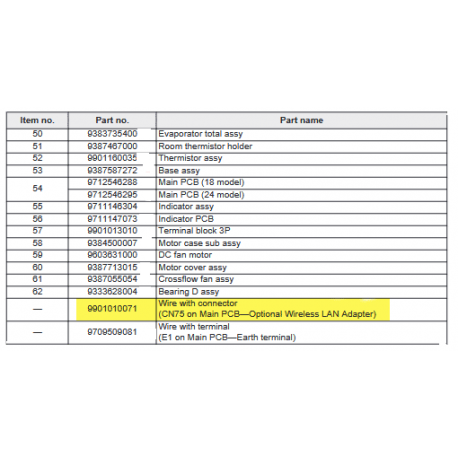 FUJITSU K9901010071 aka 9901010071 Wire with connector (CN75 on Main PCB—Optional Wireless LAN Adapter)
