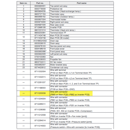 FUJITSU K9711203038 aka 9711203038 Wire with connector (P660 on Main PCB—P662 on Inverter PCB)