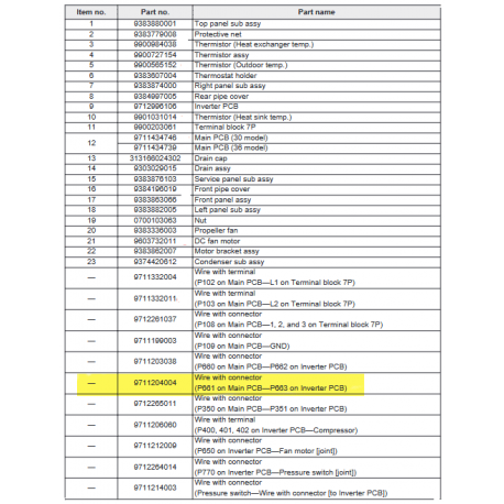 FUJITSU K9711204004 aka 9711204004 Wire with connector (P661 on Main PCB—P663 on Inverter PCB)