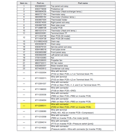 FUJITSU K9712265011 aka 9712265011 Wire with connector (P350 on Main PCB—P351 on Inverter PCB)