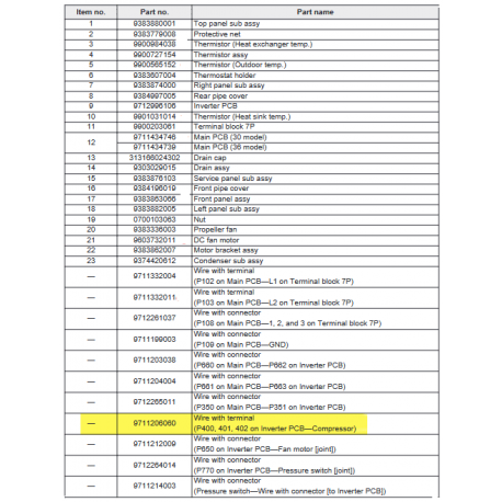 Wire with terminal (P400, 401, 402 on Inverter PCB—Compressor)
