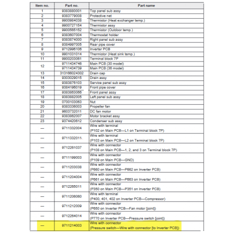 FUJITSU K9711214003 aka 9711214003 Wire with connector (Pressure switch—Wire with connector [to Inverter PCB])